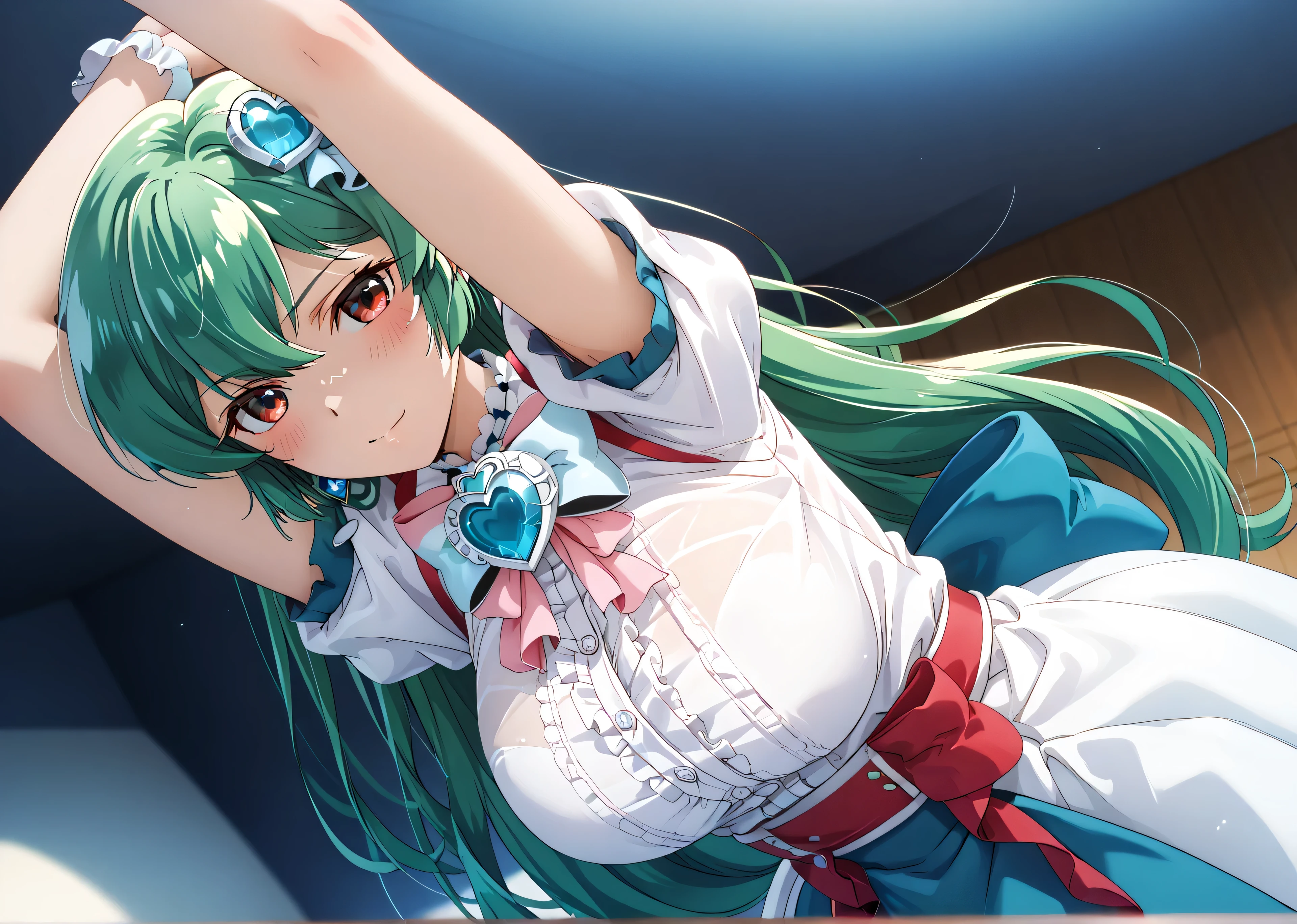 master piece、Best Quality,Super detailed,High resolution,Extremely detailed CG,Unity 8K Wallpaper,weat,score_9, score_8_up, score_7_up, score_6_up, score_5_up, score_4_up, source_anime,MinakamiSayo,Anime screenshots, Official Art、shirt, big breasts, dress, gem, 白いshirt, Upper Body, Short sleeve, Puff sleeves, A bow tie, パフShort sleeve, Heart Brooch,Red eyes、Green Hair、mature female