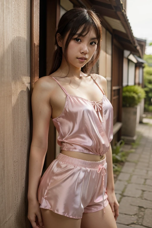 Japanese girls are beautiful, smooth and dynamic., Wear a flowing pink dress., mysterious expression, brown-black curly hair, blurred background, bright light, official art, Harmony wallpaper 8K