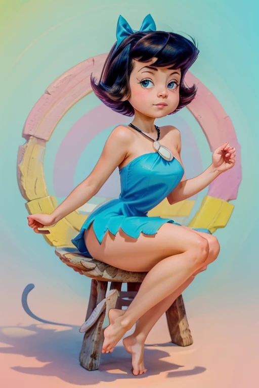 betty rubble de the flintstone, se encuentra en una terraza en bikini, observando la ciudad de coruscant star wars, con sus inmensos edificios futuristas, (Design by Doug Chiang), intrincados detalles de la maquina de la mas alta calidad, estilo cinematografico, nitidez absoluta, imagen 8k.(obra maestra).