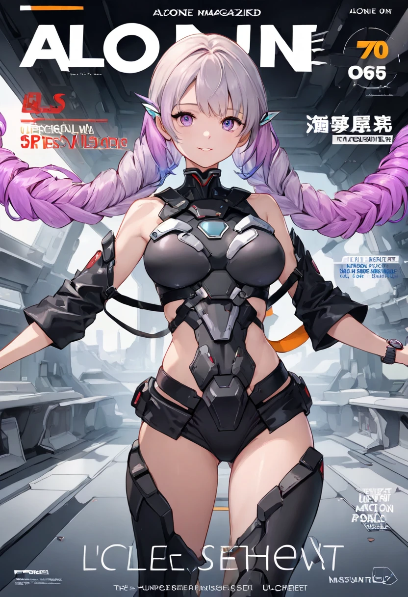,1girl,(teen:1.5), (short_ponytail:1.3), (light_whitish_purple_hair:1.3),black_mechanical_armor,white_breasts_parts_red_black_body_suit,bare_shoulder,bare_slender_thighs,medium_breasts,city_background,Stinging_eyes,sleepy,thighhigh_greaves,gauntlets,dynamic_posing,bare_frank,metal_red_parts_armor,red_eye,solo,
fists,hold_weapon,glare,navel,large_mechanical_parts,happy,waist_armor,open_mouth,rise_legs,apart_legs, (covered_navel:1.3),(very_long_bangs:1.3), (hair_over_one_eye:1.5),(long_bang_covers_right_half_of_face:1.5),
(covered_pussy:1.1),covered_breasts,fighting,