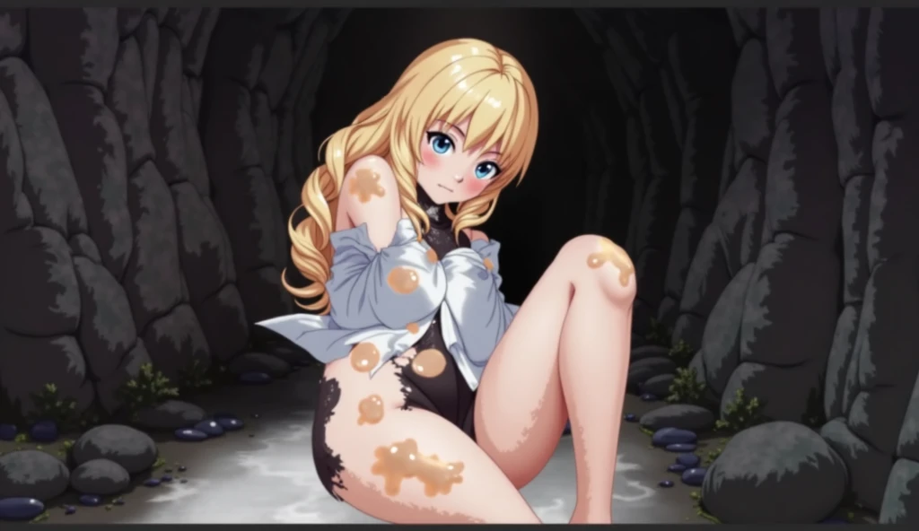 score_9, score_8_up, score_7_up, best quality, masterpiece, 4k, uncensored, prefect lighting, rating_explicit, very aesthetic, source_anime, nsfw, 1 , (cracked skin, blue skin:1.4) Squirting, shriveled body, solo, blonde long hair, bangs, crying, red eyes, open mouth, orange fins on ears, fish scale body, jumping, leaning forward, dry skin, desert, Strong sunshine, (small breasts,, sagging breasts, wrinkled breasts, shriveled breasts:1.4) pussy juice, breast milk, spread own pussy, grabbing own breast,