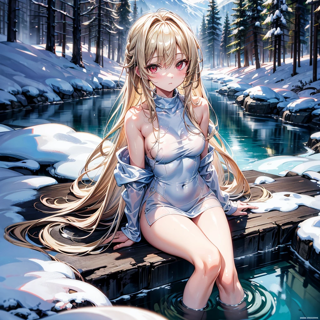 high quality,8K quality,High resolution,(muste piece:1.3),23 year old woman, (white leotard,choker),(brown skin tone,long hair:1.2,wet bright golden hair:1.3,big blue eyes),(Bold pose with legs spread,dynamic pose:1.4),(Soak in a warm hot spring,vaporと静けさに囲まれて,Feels good,Enjoy the healing hot springs),(full of sweat:1.3),open-air bath,steam,vapor,background(1 snow scene, sunrise:1.3),(Wet clothes stuck to my skin,Nipples are visible through clothing,My butt is visible through my clothes.),small breasts,slender, abs:1.2,(young skinny gravure idol, sophisticated gravure idol),(detailed perfect face),normal hand,normal finger,normal foot,(cameltoe, camel toe,Mansuji)