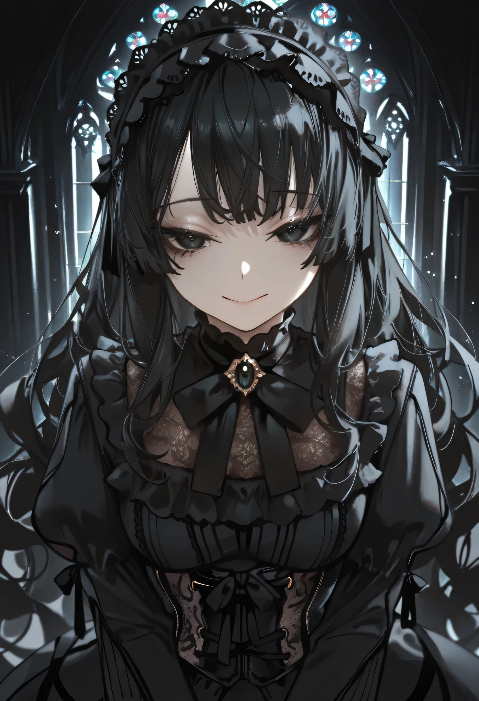 aruhshura, solo,bangs,eye focus,face,close-up,sparkle,looking at viewer,glowing,eyelashes, 1girl, gothic ta, black hair, long and silky hair, slightly wavy hair, delicate bangs, black eyes, deep and captivating gaze, pale and flawless skin, mysterious and alluring smile, looking down, elegant and refined pose, frilly and layered gothic dress, intricate lace details, ornate corset, flowing ribbons, puffed sleeves, delicate gloves, lace headdress, detailed and symmetrical patterns, dark aesthetic, moody atmosphere, subtle lighting, soft shadows, gothic cathedral background, dim candlelight, dramatic composition, ultra-detailed, intricate details, masterpiece, best quality