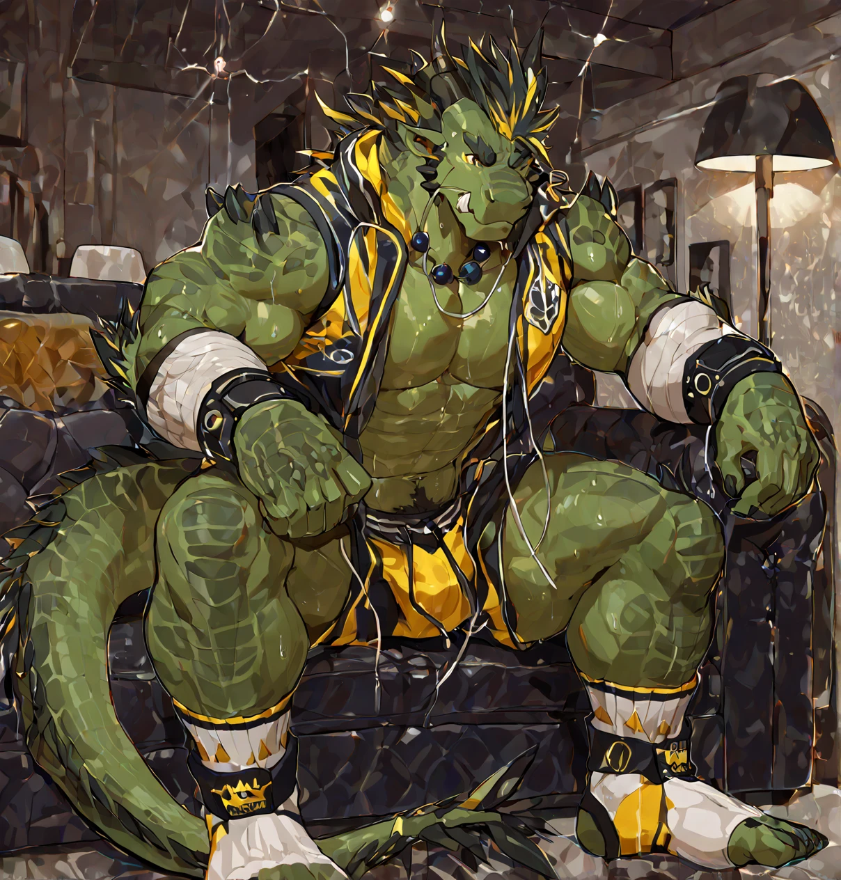 (((detailed eyes, detailed face))), (feral, zenberu gugu lizardman, tattoo), male, (solo), (plump), (white loincloth cameltoe topless), spread legs, arms behind back, smile, (by null-ghost, by kuroma, by kicktyan), soft shading, bedroom, 8k, UHD, masterpiece, extreme bulge, penis bulge, big dick, large penis, erection, cumshot