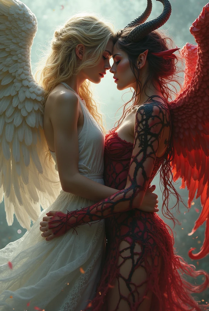 photo of postapocalyptic city in ruins, fire, dark night, greg rutkowski
AND photo of sexy dark brunette demon woman with big wings with tattoos on (red background with glowing:1.1), gray ruins on backgound, dark night, side view, highly detailed, intricate, greg rutkowski
AND photo of sexy nice angel blonde woman with wings in white silk dress on (white background with glowing:1.1), green grass and flowers on background, sunny, side view, highly detailed, intricate, artgrem