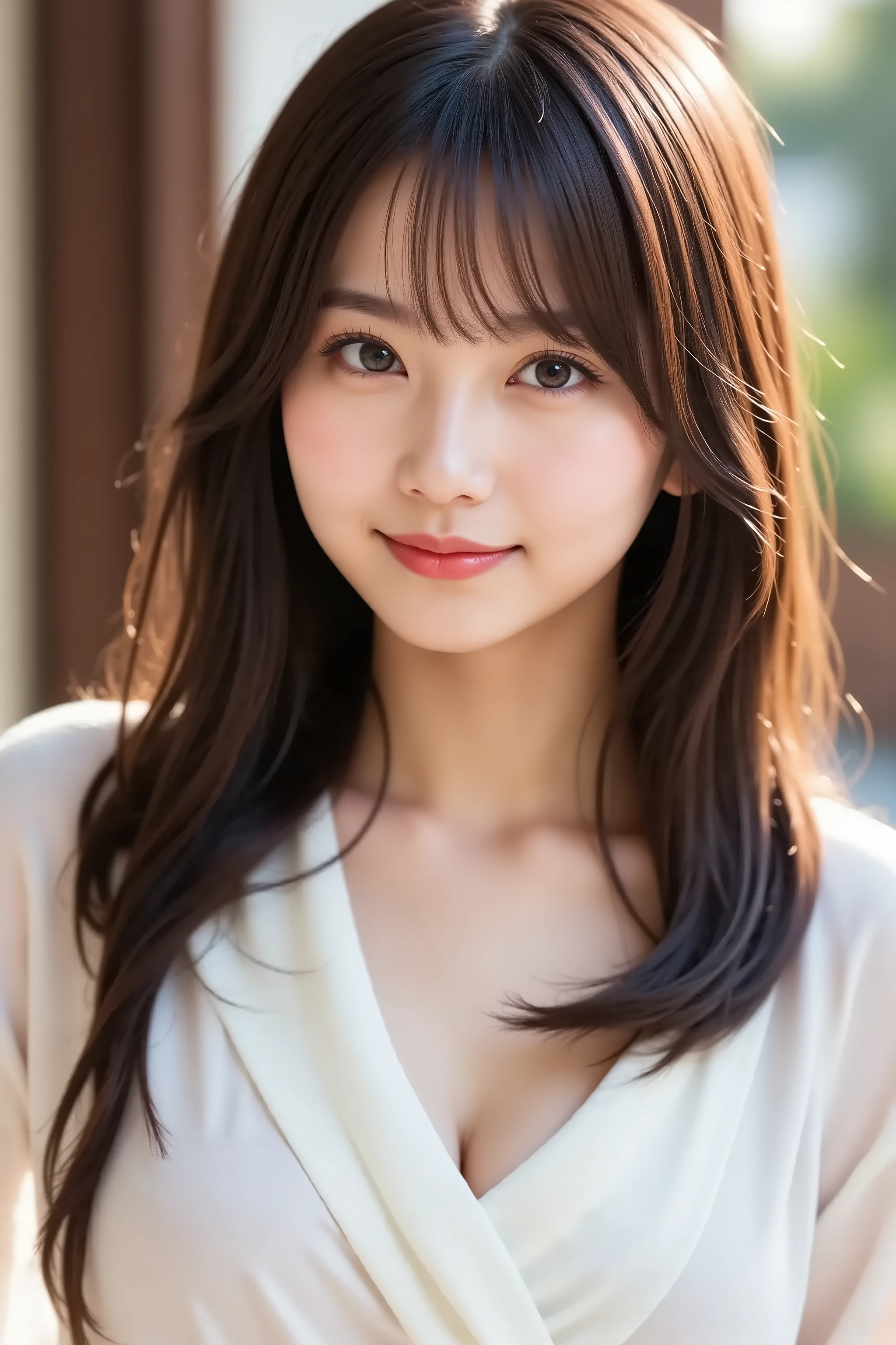 The face is positioned exactly in the center of the image , 's entire head is fully reflected , The entire face and head are clearly visible, bungs, smile, Young and cute Japanese faces , Hi-Res CG Unity 8K Wallpaper, in white for summer very detailed, Film Grain , White and Red Lens Flare Sparkle , top quality ,8k, viewer , masterpiece , top quality , in white for summer very detailed , cute , external background , in white for summer very detailedな , Detailed Features , beautiful , beautiful Japanese woman, Female 1