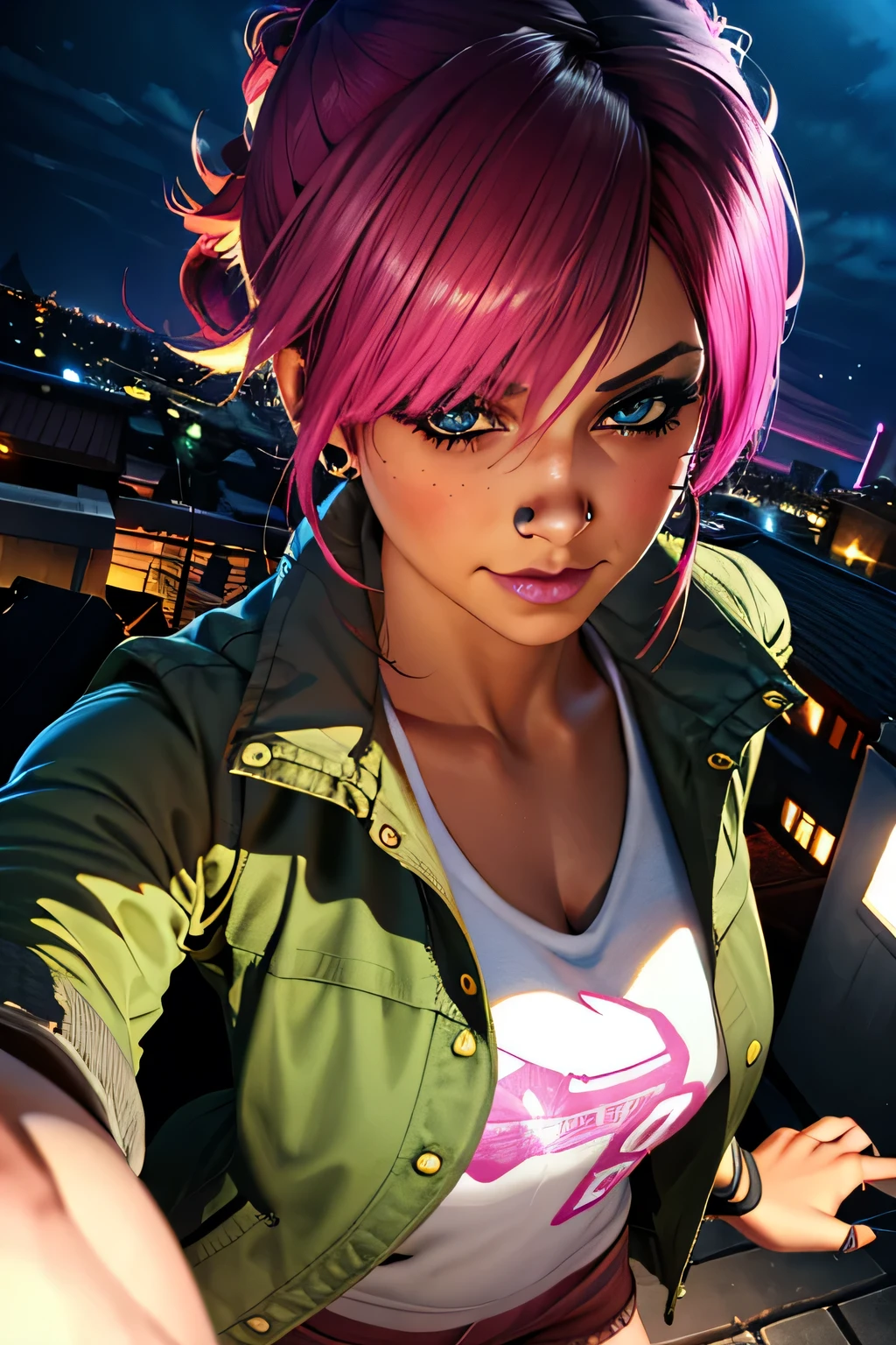 looking at viewer romantically, (extremely detailed CG unity 4k wallpaper),(best illustration),(best shadow),(absurdres), (simple night background), fetchxl, multicolored hair,pink hair, blue eyes, green jacket,white shirt with logo,shorts,earrings, standing,upper body, city rooftop,neon lights,night,nose ring, shy smile, medium breasts, Lithe figure, close up up face, POV Shot, Romantic, in viewers embrace,
