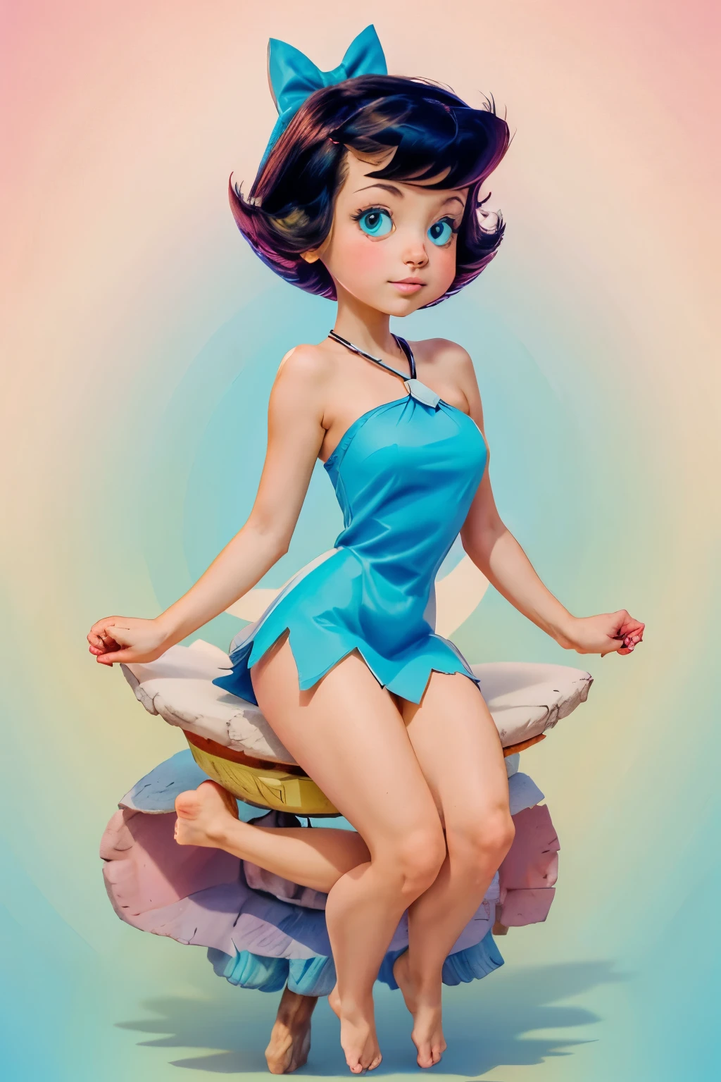 Betty Rubble, short hair, hair bow, dress, barefoot, Random hot and busty kitten, pastel color palette, Bottomless, pastel background,  colorful background