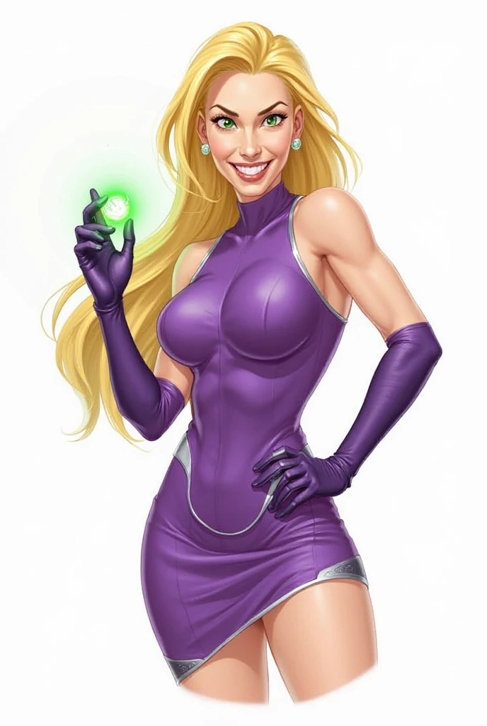 Thin woman, Elexis Sinclaire, beautiful smiling, pink v-neck dress, brunette skin, long blonde hair, eyes browns, busty, necklace with tubular shaped jewel. comic style.
