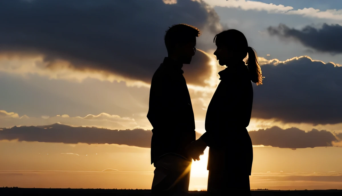 silhouette of a couple romantic light, realistic, photography, gazing up at each other