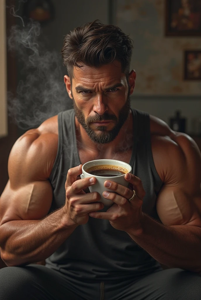 random buff guy holding a half full cup of coffee