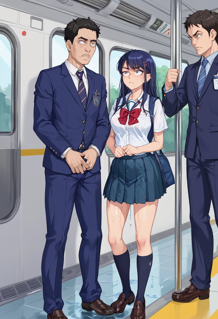 Get to grips, , 
High school girl grabbed by the buttocks on the train, 
, pleated skirt, 
Beautiful One Girl,
3 men, 
(molestation), 
Man grabbing girl's ass on train,
Man grabbing girl's chest on train,sex,score_9,score_8_up,score_7_up, best quality, masterpiece