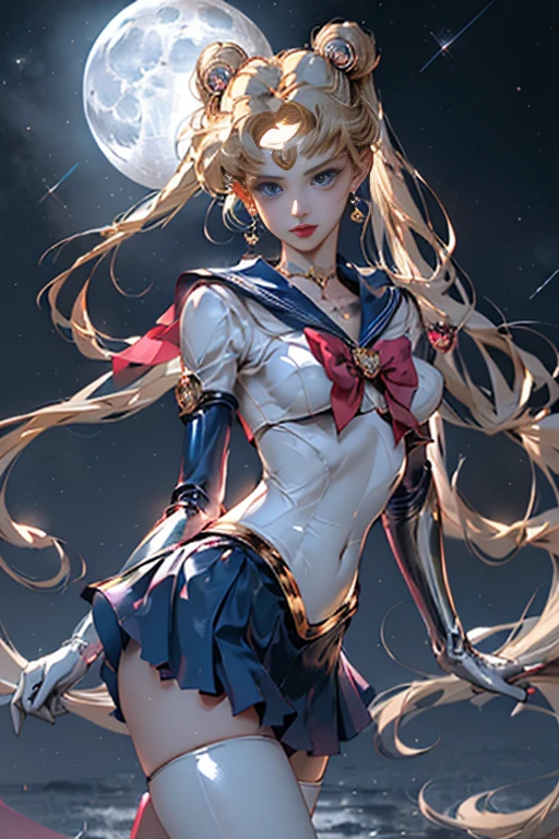 masterpiece、ful:1.3、stands、8K、。.3D、realisitic、Ultra Micro Photography、top-quality、Wallpapers with extreme details CG Unity 8K、frombelow、intricate detailes、(1 female)、28 year old、(Sailor Moon:1.6 Super Bishoujo Senshi Sailor Moon Mer1、meishaonv,tiarra、Sailor Senshi Uniform Sailor:1.5、sailormoon:1.5)、(Incredibly long bright twin-tailed blonde:1.4、Thin and very long straight twin tail blonde, Hair buns、Red round hair ornament in a hair bun)、((Sailor Senshi Uniform、Blue collar,Blue sailor color,Blue pre-gate mini skirt:1.5、very large red bow on the chest,,,、Long white latex gloves,Red gloves on the elbows、Luxurious golden tiara on forehead、耳Nipple Ring,Luxurious Golden Jewelry、high leg swimsuit))、Very thin and fit high gloss white holographic leather、High Gloss White Latex High Leg Swimsuit That Shines Like Oil,(Details of face:1.5、Bright blue eyes、beautiful countenance、beautidful eyes、Outline of the iris, shinny eyes、thin lipss:1.5、thin and sharp pale eyebrows,、long dark eyelashes、Double eyelashes、Thin, thin and muscular,,,,,,、a small face、large full breasts、perfectly proportions、big breasts thin waist、SEXY Model Pose、Dynamic Poses,Visible Pore、seducting smile、perfect hand:1.5、octan render、highly dramatic picture、(Lunar divinity,cosmic background、rays of moonlight、a moon、Dynamic backgrounds、exquisite lighting and shadow、dynamic ungle、细致背景),Strong natural light、sunlights、Digital SLR、foco nítido: 1.0、Maximum clarity and sharpness、