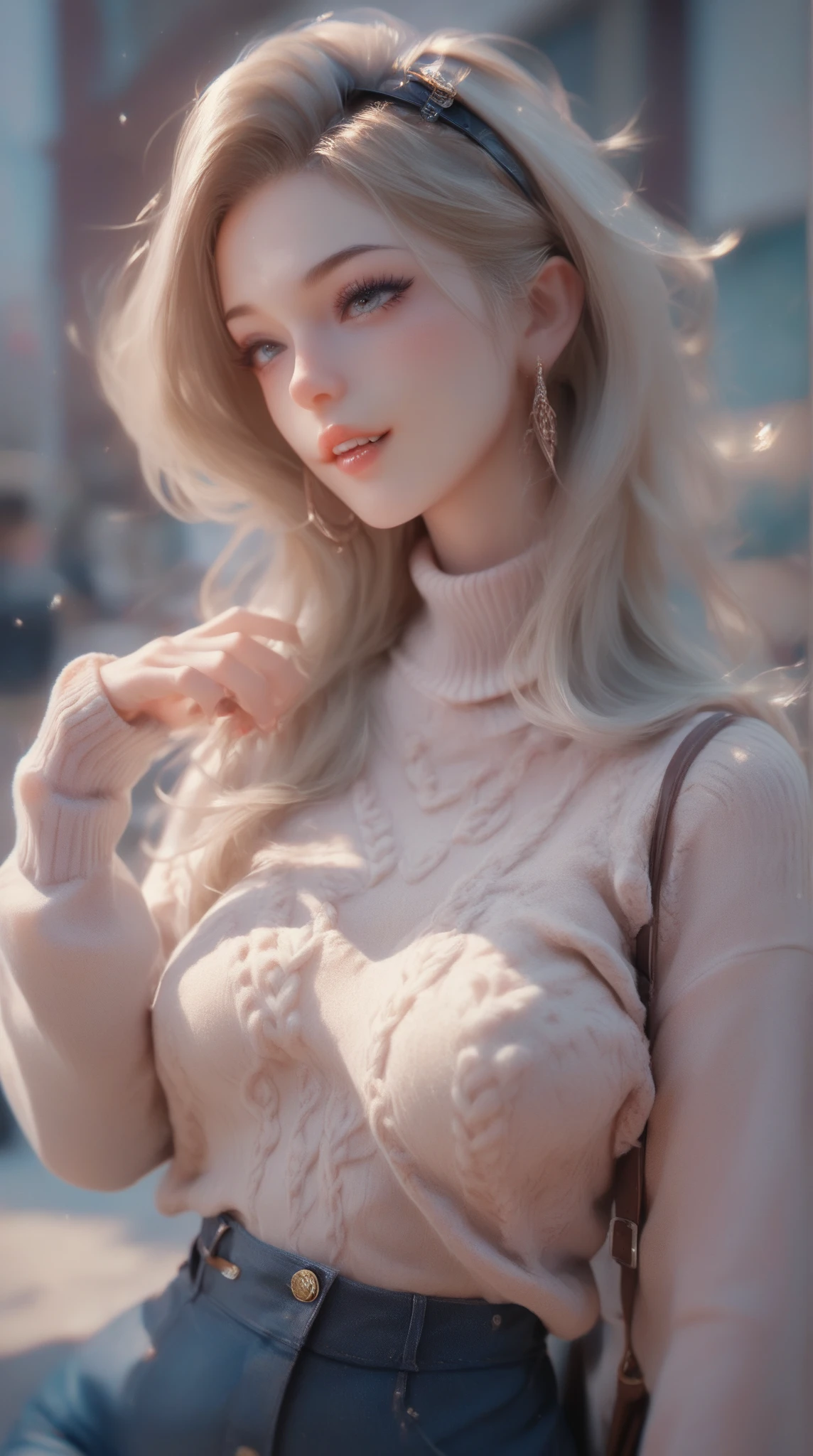 ((Girl standing near train door)),bright expression、Young shiny shiny white shiny skin、Best Look Rondo Reflective Light、Platinum blonde hair with dazzling highlights、shiny light hair,、Super long silky straight hair、Beautiful bangs that shine、Glowing crystal clear attractive big blue eyes、Very beautiful nice cute 16 year old girl、Lush bust,Beautiful detailed eyes, beautiful detailed nose,(( Full body:1.5)),Makeup that the eyes emphasize、Royal style，Comic style, , Sub-surface scattering, ornate detail, nature backdrop, Supergianthugebreasts, ((Cinematic)), Dramatic Lighting, masutepiece、((Off-shoulder white hand-knitted short sweater:1.4))、((Black Leather Tight Mini Skirt)), ((Black Leather Knee High Boots)）、(White lace panties are visible)1 girl in、Ultra realistic 8K CG, 絵のようにflawlessな顔, flawless, clean, masutepiece, Professional artwork, famousartwork, Perfect face, Beautiful face, Beautiful eyelawlessな女性のボディ)), Solo,(Immersive atmosphere, Chiaroscuro:1.5,Bright light:1.2,Luminous lighting),(blush:0.5),fascinated expression,Extremely detailed_Eyes,thick thighs,Large,beautifullydetailedbackground,depth of fields,Realistic:1.3, longshot, Full body, (ambient lights:1.3),(Cinematic composition:1.3),(Neon light:0.1),(nffsw:0.1),((Outside the window, Hazy skyscrapers))