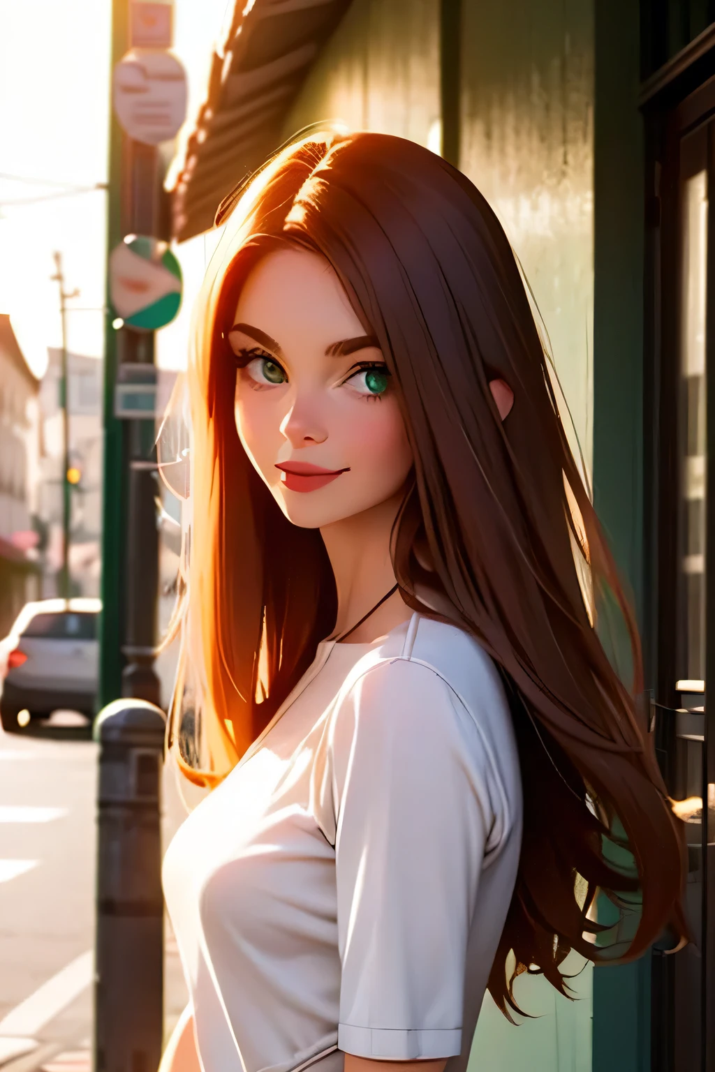 Pretty girl around 25  . chest size 2  .  height 177 cm  . brown hair . green eyes . She's an Irish American . She's standing outside smiling.