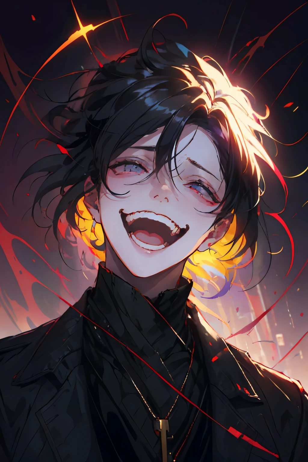 (( masterpiece, best quality, Realistic, portrait, close up)), 1 person, handsome, Dangerous, 欺负, Pumping, male, Provocative, He's a School Bullying, alone, (Detailed Key Animation Art with the Lights Around Saki Michal Frank Francetta, heise jinyao), close up, Anime Vampire, Digital Art from Danganronpa , surrounding lights detailed key animation art , Anime Characters, smile , handsome male vampire, Detailed Digital Anime Art, Fangs, earrings, Neck Tattoo , ((fine eyes, meticulous face:1.2)), ((Background - Night Streets:1.2))