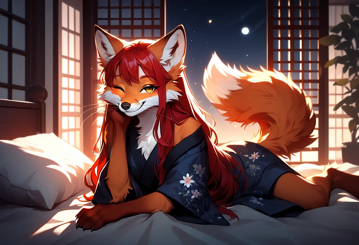 1 girl, Miku Hatsune, add high definition_detail:1, blue fur,kitsune ears, tribal tattoo add_detail:1, sitting on a bed in comfortable pajamas, strap blouse, mini short fitted, checking the cell phone, night scene, balcony at night in the city