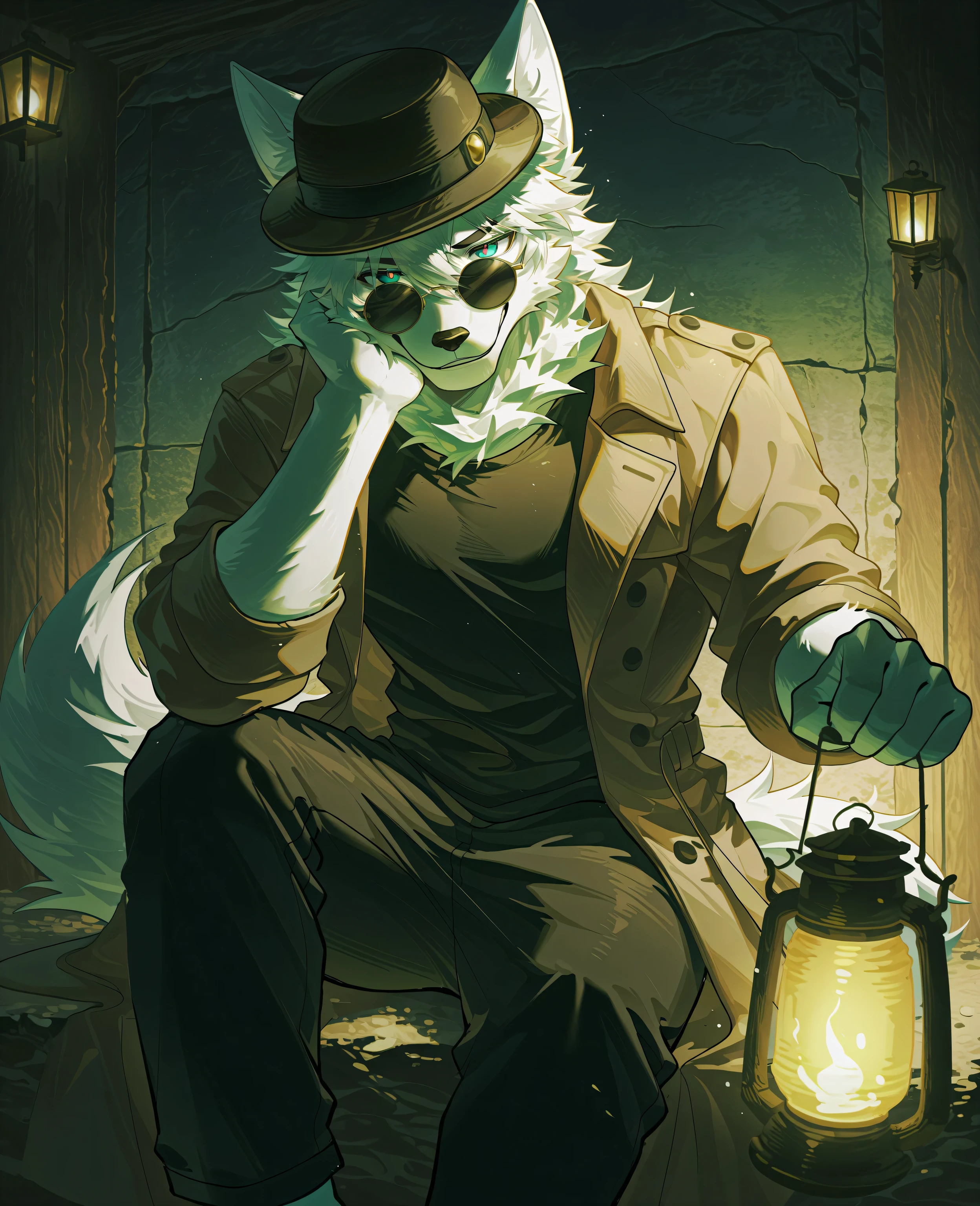 sfw,1boy,solo,male focus,furry male,furry,anthro,(slender muscle:0.2),(white fox),(white fur:1.5, white hair,),black eyebrow,(detailed eyes,teal_blue eyes,detailed pupils),snout,animal ears,fox ears,fox tail,(skinny:0.8),(karst cave,inside,hand lantern,),absurdres,sitting,having rest,chin_rest,(brown trench_coat,black shirt,black pants,sunglasses,round_eye_wear,bowler_hat),(peaceful face,evil smile),absolute_territory,cowboy_shot,front_view,looking_at_viewer,morning,wind,break,dim_lighting,scenry,masterpiece,highres,amazing quality,best quality,newest,break,(,wolftapioca:0.3,chung0u0,uiokv:0.5,(lindong:0.8),(by null-ghost:0.8),huashijw,(asteroid_ill:0.8),(smile \(qd4nsvik\):0.9)),cg,highres,sfw