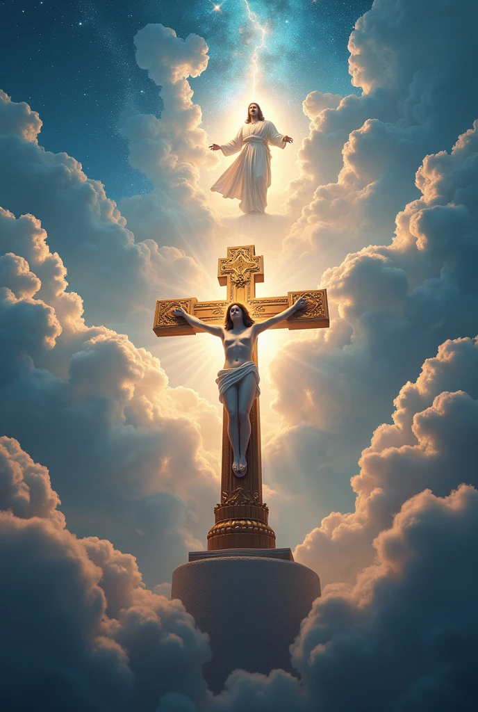 Create a powerful and imposing image for the Prayer of Saint Benedict. The image must include:
Imposing Cross: A large cross of Saint Benedict in the center, with gold or silver details, emanating a soft, sacred light.
São Bento: The figure of Saint Benedict in a posture of prayer or blessing, surrounded by an aura of protective light.
Sacred Scenery: A background with a dramatic sky, dark clouds moving away to reveal divine light, representing protection against evil.
Spiritual Elements: Symbols of protection such as swords of light, angels or a spiritual shield, reinforcing the theme of strength and defense against darkness.
The composition should convey a feeling of spiritual power, divine protection and unshakable faith.