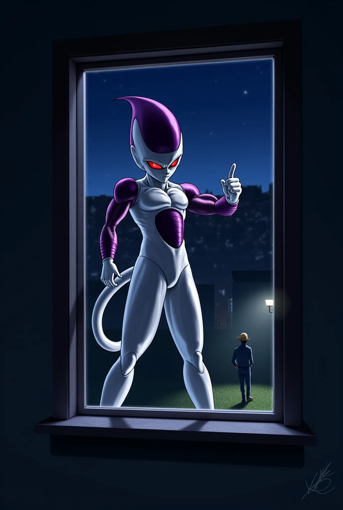 In a desolate battlefield, Frieza, a tall and slender alien with an icy white and purple complexion, kneels beside the defeated Android 18. Frieza’s red, menacing eyes and long, sharp tail emphasize his sinister presence. He wears his signature purple and white bio-armor, which accentuates his lean yet powerful physique. Android 18, a young woman with shoulder-length blonde hair and piercing blue eyes, lies on her back at Frieza’s feet. She is dressed in her familiar blue denim vest over a black and white striped shirt, with dark blue jeans and black boots. Her shirt is lifted, exposing her bare, synthetic abdomen. Frieza’s cold, clawed hand is pressing firmly on Android 18’s exposed belly, palpating and exploring it with a cruel, calculated expression. The scene focuses on the direct contact between Frieza’s hand and Android 18’s bare abdomen, emphasizing the invasive nature of the touch. The barren landscape and dark skies serve as a backdrop, intensifying the tension of the moment.