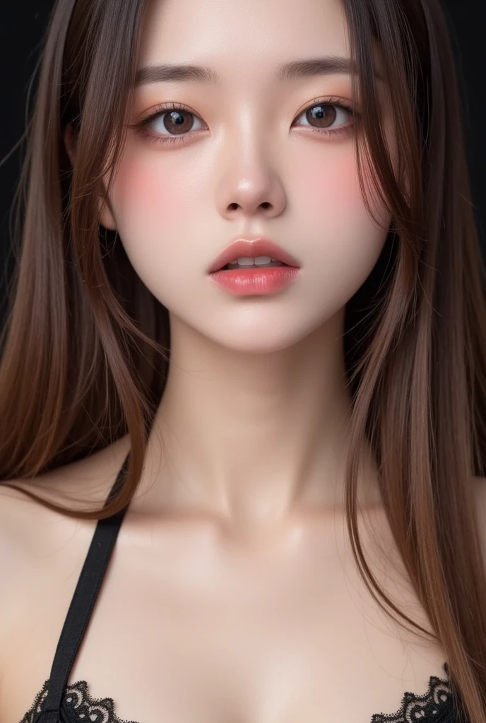 ultra high res, masterpiece, best quality, perfect glossy shiny skins, perfect lighting, detailed lighting, dramatic shadows, ray tracing, black sweater, looking at viewer, off shoulder, Big breasts, Exposed cleavage, nsfw, ((Dark background)), Sexy face, Facial expressions when receiving pleasure, 