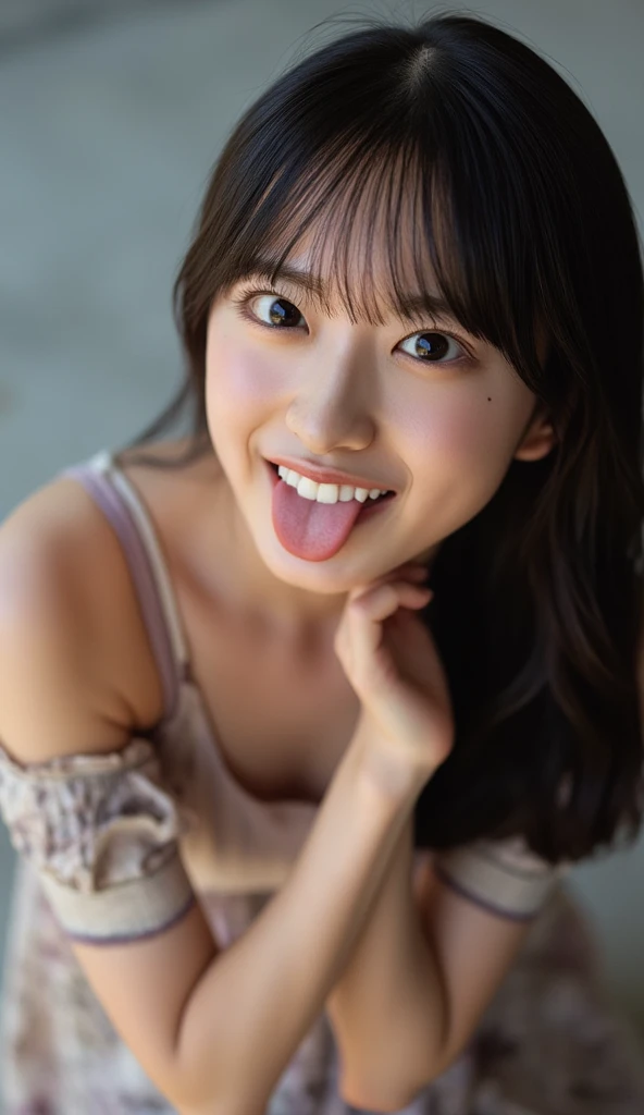 (8K, Raw photo:1.2), Detailed face and eyes, Best Quality, a beautiful girl, (huge Laughing:1.2), (open mouth:1.1), Soft cinematic light, Hyper-detailing, Sharp Focus, High quality, black hair, bob cuts, Blurred Background, Particles of light, Strong winds,