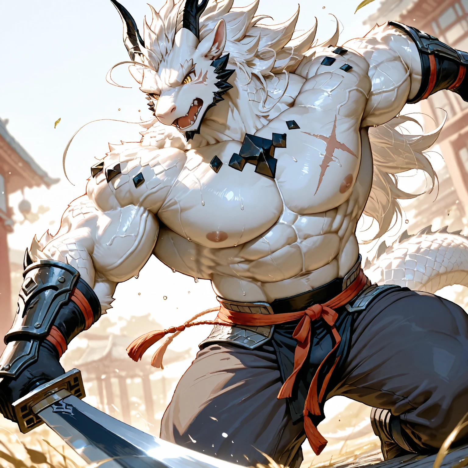 White Dragon Man ,furry(White Dragon Man :1.2),,Muscular,( black eyebrows :0.7),( Exquisite eyes:1),white fur,paw,( black beard:0.7),( crotch bulging :0.8),(Knight:0.9),( mature :0.8), muscles have a strong sense of strength,( facial scars),(Uncle:0.9),(Enormous muscles:0.8),(Clear facial features:0.6), dynamic action,(golden eyes:0.8),best quality, details(energetic:0.8),(Delicate scaly texture :0.9),(single:0.8),(Sweat:0.8),( long hair:0.7),(Skeleton Soldier with Sword :0.7),Soft light,( Chinese style:0.6)
