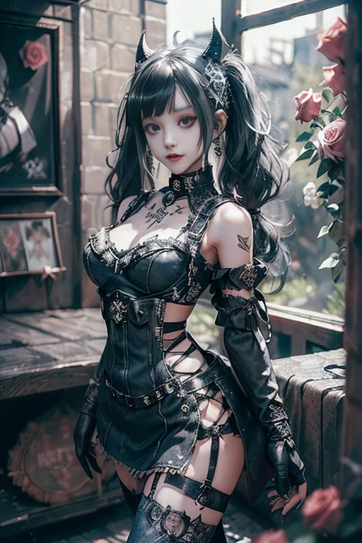 (Smiling with teeth showing:1.3),(Shibuya Gal:1.5)、(Gothic Lolita style fashion:1.5)、(Punk RockVisual Kei:1.4)、(Denim and black and white medieval noble mini skirt dress:1.5)、(Denim and white medieval gloves and bustier:1.5)、(Denim high heels:1.3)、(Wearing silver accessories:1.5)、(Denim collar:1.4)、(Black Leather Garter Belt:1.4)、(Brown Skin Belt:1.3)、(Black lace underwear:1.5)、20-year-old、NSFW、((Highest quality、In 8K、masterpiece:1.3))、Sharp focus:1.2、(Layered Cut、Huge boobs:1.1),Beautiful woman with perfect figure:1.4、(Dancing vigorously:1.3)、Slender Abs:1.2、Highly detailed face and skin texture、Detailed eyes、double eyelid,(Twin tails:1.3)、(Brown-golden hair:1.3)、Gravure idol、(The background is a VIP room of a high-class cabaret club surrounded by roses on a sunny day outdoors.:1.3)、(Slim body:1.2),(Make your legs thinner:1.4),（clavicle:1.1）