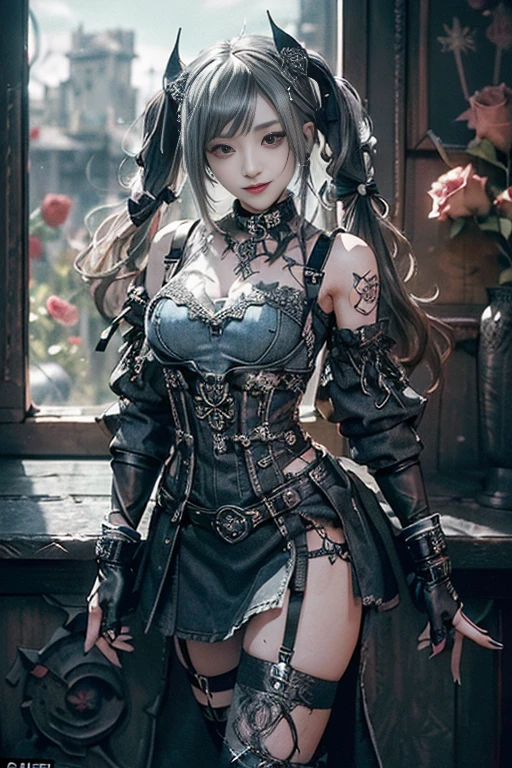 (Smiling with teeth showing:1.3),(Shibuya Gal:1.5)、(Prostitute:1.3)、(Gothic Lolita style fashion:1.5)、(Punk RockVisual Kei:1.4)、(Denim and black and white medieval noble mini skirt dress:1.5)、(Denim with black and white medieval gloves and bustier:1.5)、(Denim high heels:1.3)、(Wearing silver accessories:1.5)、(Denim collar:1.4)、(Black Leather Garter Belt:1.4)、(Brown Skin Belt:1.3)、(Black lace underwear:1.5)、20-year-old、NSFW、((Highest quality、In 8K、masterpiece:1.3))、Sharp focus:1.2、(Layered Cut、Huge boobs:1.1),Beautiful woman with perfect figure:1.4、(Dancing vigorously:1.3)、Slender Abs:1.2、Highly detailed face and skin texture、Detailed eyes、double eyelid,(Twin tails:1.3)、(Brown-golden hair:1.3)、Gravure idol、(The background is the Takarazuka Revue stage.:1.3)、(Slim body:1.2),(Make your legs thinner:1.4),（clavicle:1.1）