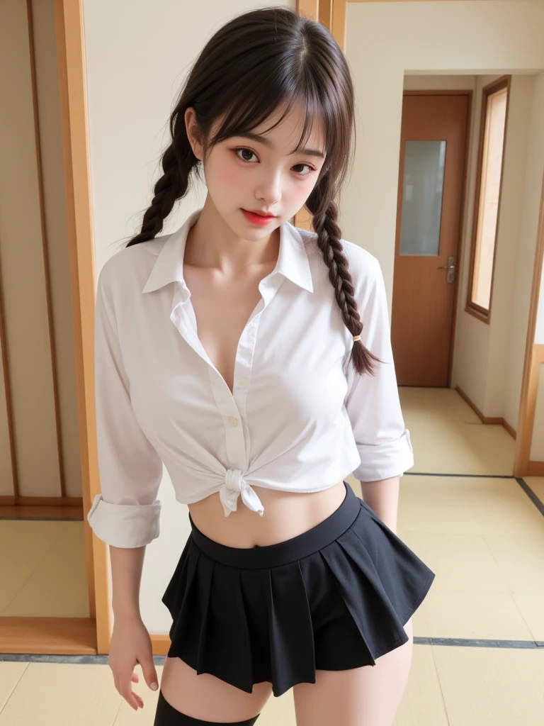 ((Best of the highest quality, 8k, Masterpiece: 1.3, raw photo)), Sharp focus: 1.2, (1 AESPA, slim body type female, 21 y/o: 1.1), (Solo: 1.28), (realistic, photo-realistic:1.37), face focus, cute face, finely eyes, side lighting, using reflectors, (small breasts, flat chest, Thigh: 1.3), (short messy hair, bangs: 1.28), (wearing shirt open school uniform:1.32), (bra top, neat panties:1.32), (ribbon:1.2), walking cafe, bar, sun light, flower, arms up,