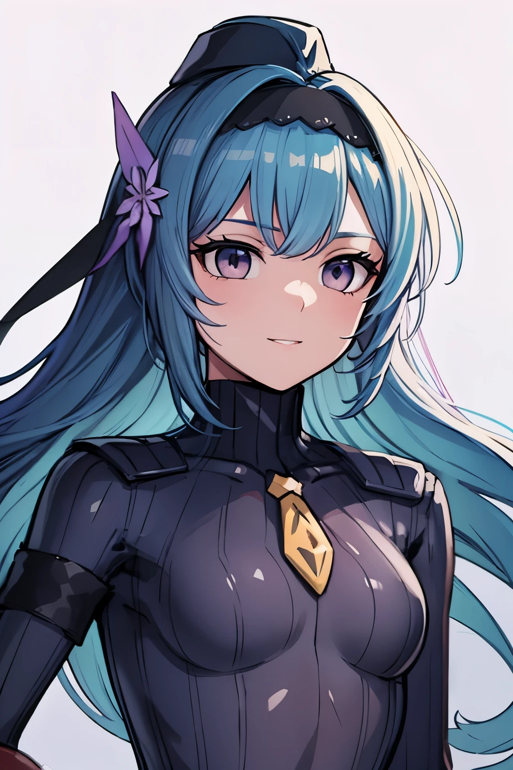 masterpiece, highest quality, (highest quality), (best illustrations), (high resolution),8k,face close up,on the bed, {{{masterpiece}}}, {{{best quality}}}, {{Super detailed}}, {{very delicate and beautiful}},smile,black DOLLSUIT,DOLLSUIT,{{{best quality}}}, {{Super detailed}}, masterpiece, highest quality, (highest quality), (best illustrations), 8k,{{{masterpiece}}}, {{{best quality}}}, {{Super detailed}}, {{{best quality}}}, {{Super detailed}}, face close up, eula, black hairband, blue hair, butterfly hair ornament, hair ornament, hairband, long hair, purple eyes,