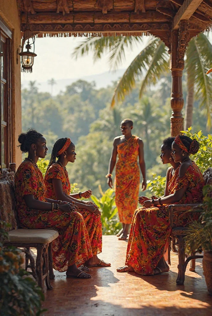 Aerial view of a traditional Haitian coffee merchant. En tant qu expert image d une belle marchande ainsi que Trois jeunes filles afro-haïtienne en train de boire du café, installed on a terrace. colored, somptueux, dreaming