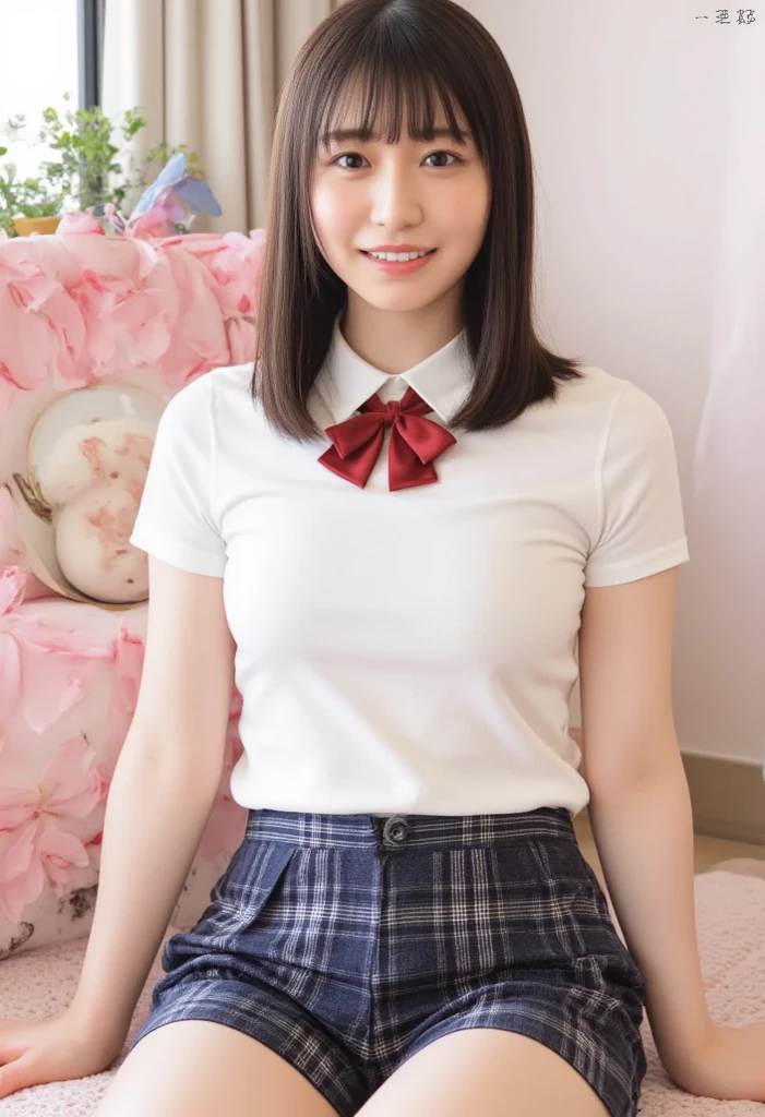 masterpiece)), ((best quality)), (ultra-detailed), ((kawaii)), cute, (lovely), ((extremely detailed)), 4K, (8K), best quality, (beautiful), bed , a cute girl, solo, , short sleeve , (Flirtingly lifting her skirt to show her panties:1.3),