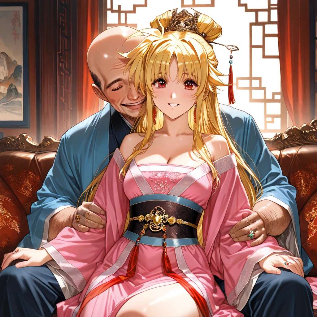 ((Highest quality)), ((masterpiece)), (detailed), (Perfect Face)、The naked man loves the woman so much that he pushes her down, embraces her, and has sex with her, wanting everything she has, and the woman happily accepts him, taking his dick and a huge load of semen into her pussy.、The woman is a Korean woman named Tsukino Usagi, and in a luxurious Korean mansion, she is wearing a gorgeous and glittering traditional Korean dress called a hanbok, a gorgeous hair ornament, gorgeous jeweled accessories, and an engagement ring. The woman and the man are having sex on a gorgeous, large bed in a luxurious room, with the woman having sex with a dignified and sturdy middle-aged Korean man wearing a hanbok.、The woman is the elegant Tsukino Usagi, a Korean woman with long blonde hair in a chignon twin tail, wearing the traditional Korean dress, Chima Chogori.、The man is a dignified, sturdy middle-aged Korean man wearing the traditional Korean dress, Hanbok.