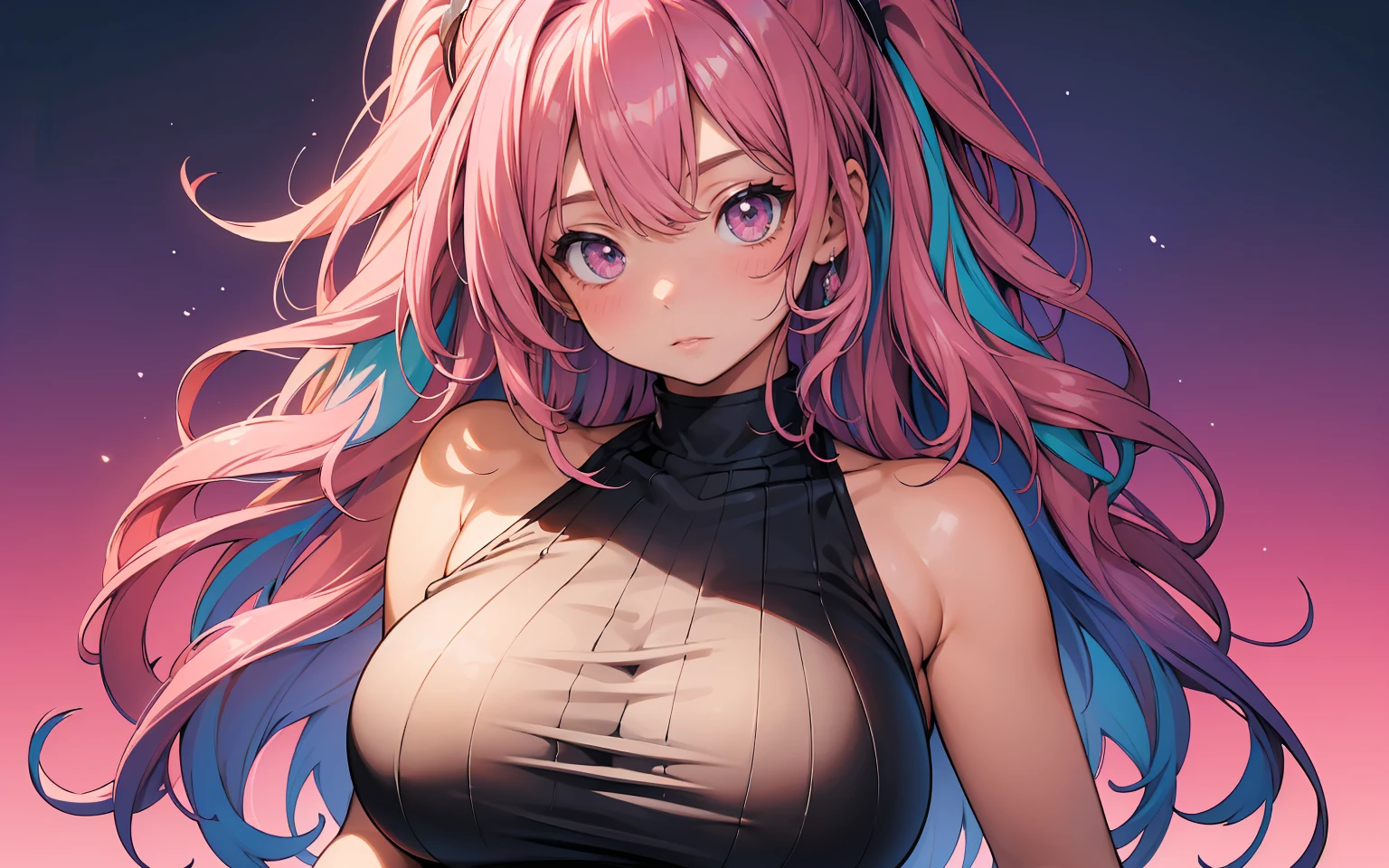 best quality, (masterpiece),(ultra-detailed), (high quality), (high resolution), <lora:emikukis3:0.7> emikukis, multicolored hair, blue hair, pink hair, streaked hair,red eyes,multicolored eyes, underboob, upper body,