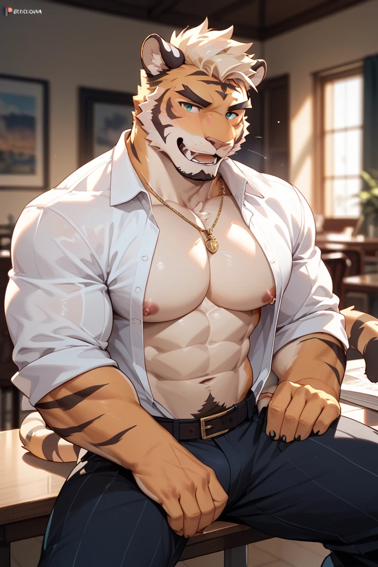 ,(gray tiger), handsome,muscular,(Perfect eyes),indoor, sitting in a chair,((gray furry)), boss, smiling, tall, strong, male,(Detailed eyes:1.2)， furry,（masterpiece, best quality, ultra realistic, 8k)