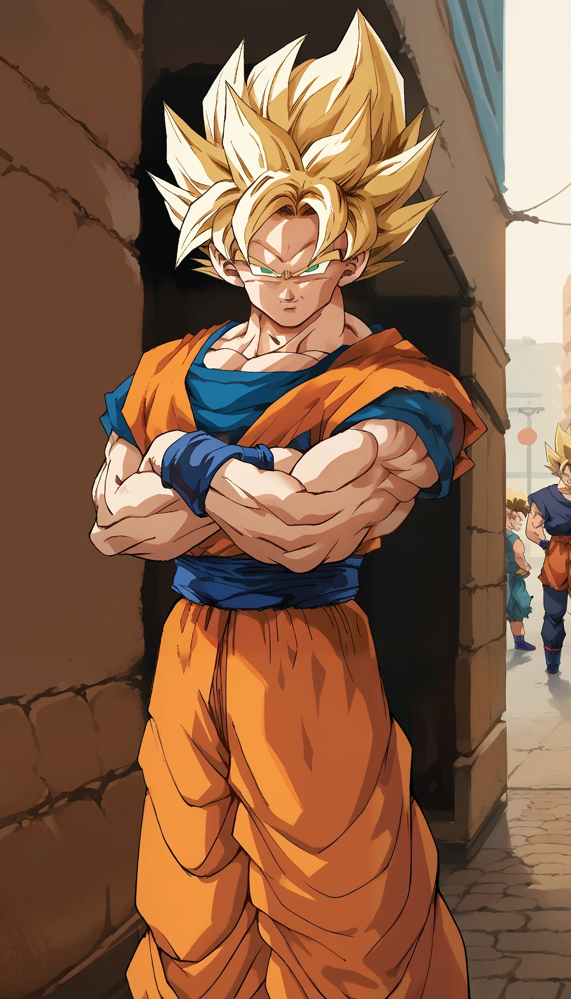 score_9, score_8_up, score_7_up, source_anime, 1boy, solo, Son Goku Super Saiyan, blonde hair, green eyes, smile, muscular, crossed arms, orange shirt, orange pants, blue boots, standing, Japan street background, by day, from front,