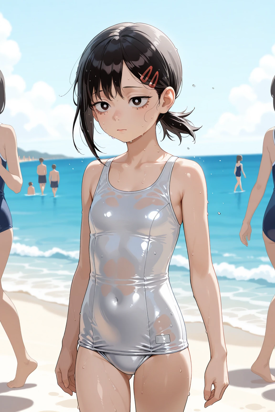 (gleaming skin:1.3), A young girl with black short hair, sky-blue eyes, wearing a one-piece swimsuit, standing, beach. crowd. arms behind back. from below.