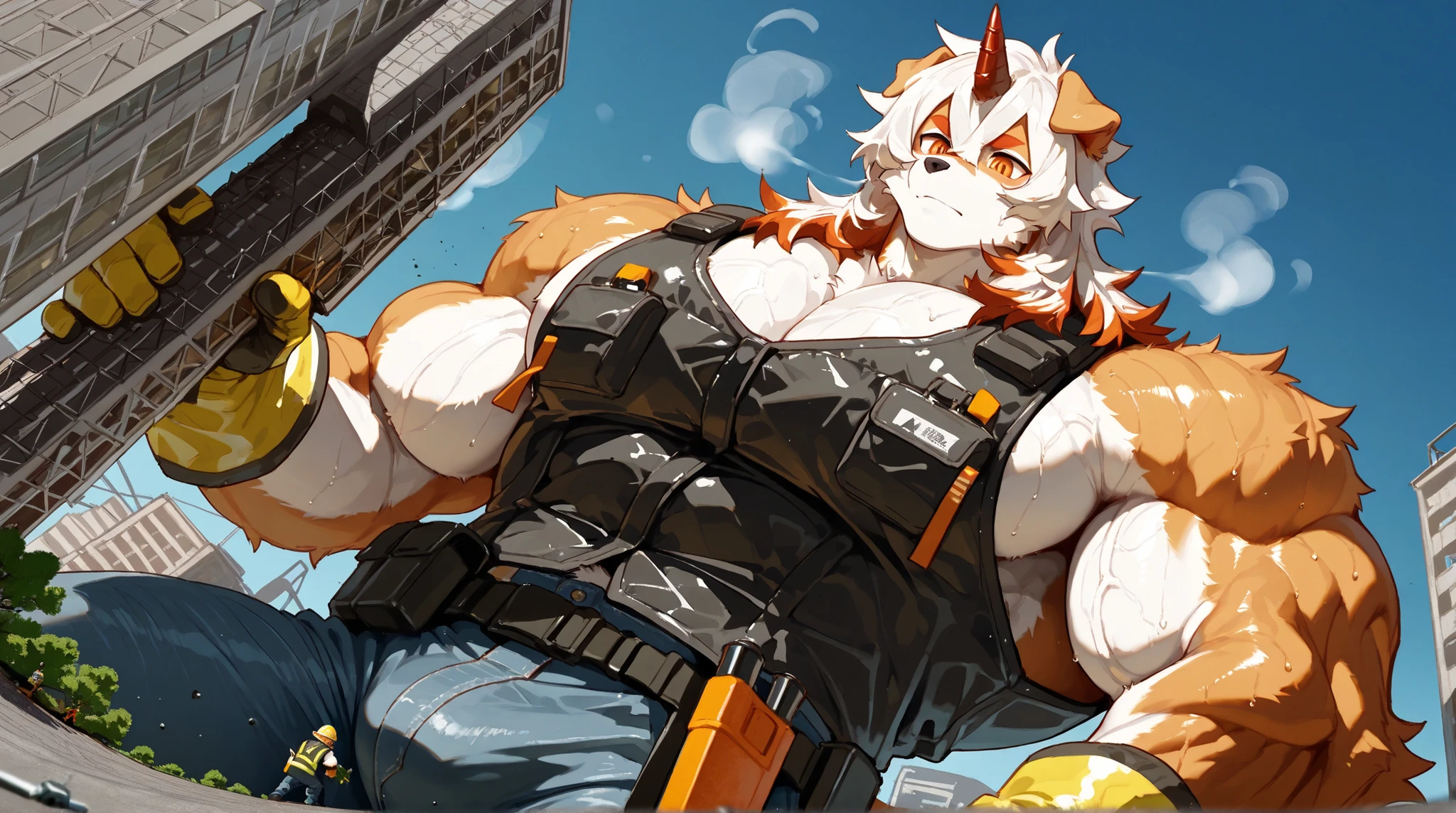 score_9, score_8_up , score_7_up , score_6_up , furry, anthro, Alone, Hung, dog, arknights, two-tone fur, medium hair, white hair, single horn, orange eyes,(macro size: 1.9), (a giant furry Hung in a fantasy town: 1.1), describe image of a giant Hung doing something in a fantasy town,musk, ((musk steam at body)), ((musk steam at groin)), sweaty, bulge, 
dutch angle, closed mouth, construction site background, construction worker, yellow hard hat, (black safety vest:1.1), (yellow safety vest:0.9), shirtless, brown work gloves, tool belt, denim jeans, ,  muscle, big, big  muscle, ((big  muscle)), Leading, Rough, Abdominal muscles, 八块Abdominal muscles, Chest muscles, big Chest muscles, (broad shoulder, 宽Chest muscles, big pec  muscle thick arms),