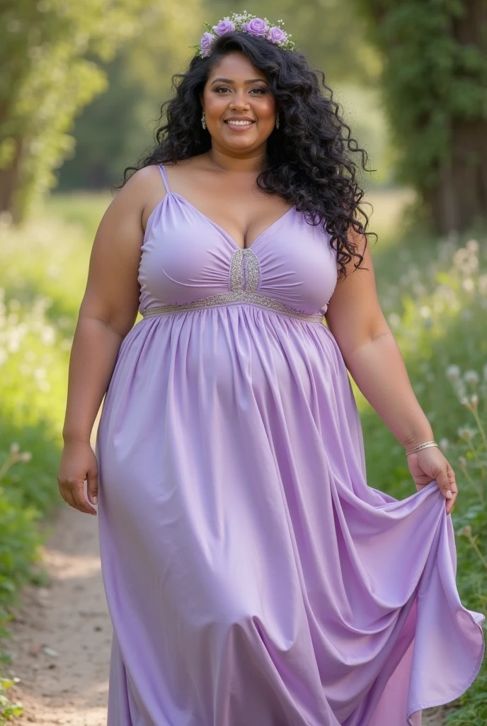 A light purple dress with white roses for a chuby woman