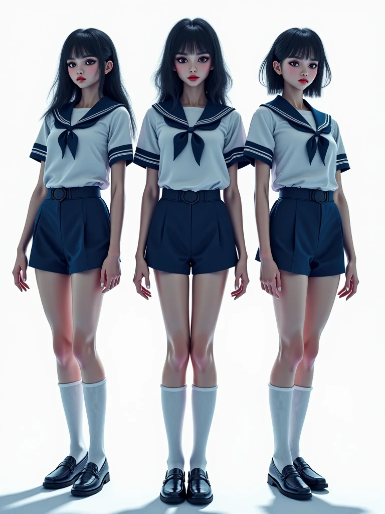 Polaroid blue tone, masterpiece, best quality, 3girls, school uniform, pleated skirt, ass, ulzzang, dark background