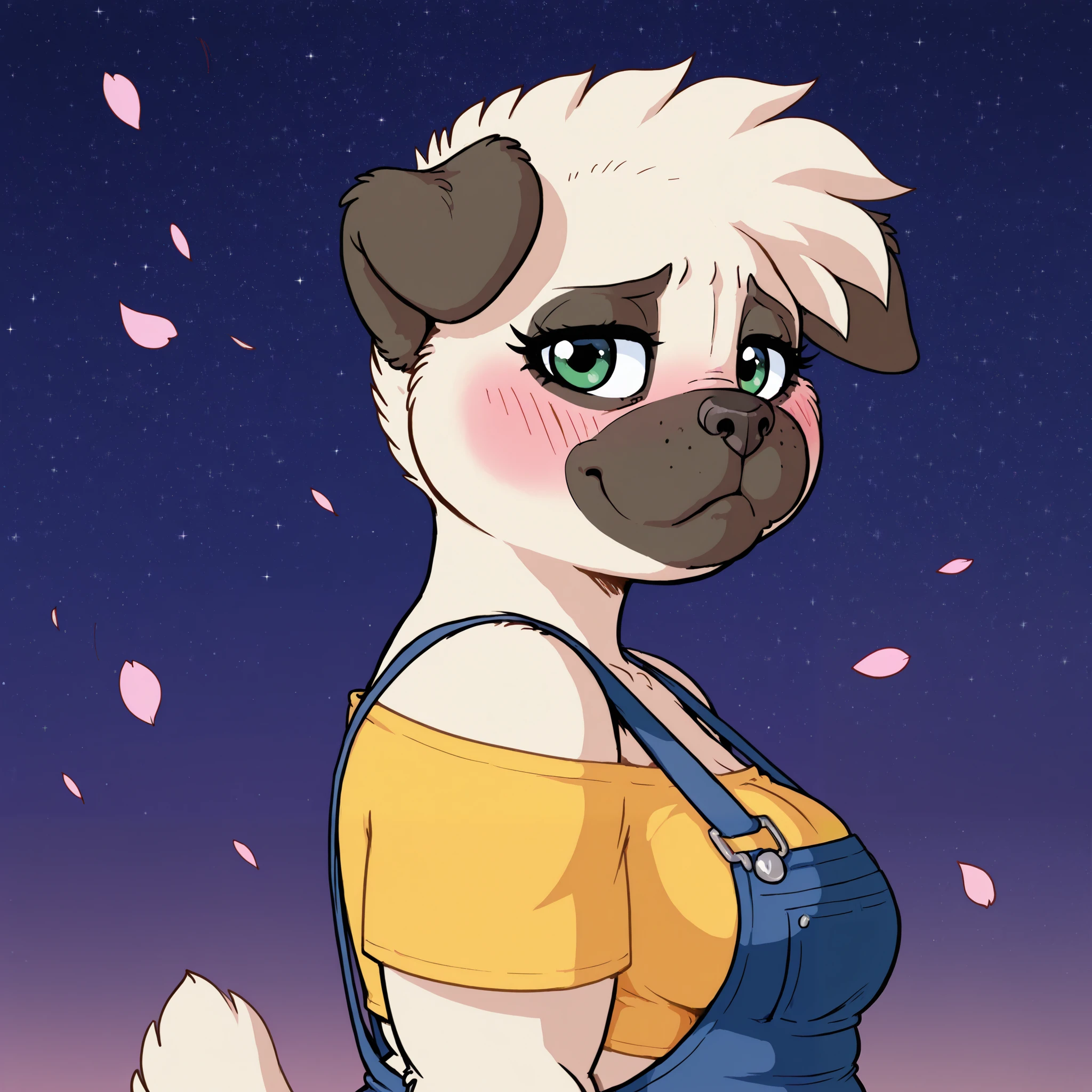 Anthro pug girl, green eyes, big eyes, big eyelashes, narrow shoulders, wide hips, thick thighs, chubby, solo, yellow short sleeve top, denim overall, starry sky, small hands, chubby thighs, medium breasts, black eyeliner, makeup, short hair, pug tail,fuzzy hair, short hair, daytime, blushing, hopeful, dreamy face, chubby arms, looking at viewer, face focus, portrait, wind, petals flying, shy pose, from side, sad, exposed shoulders