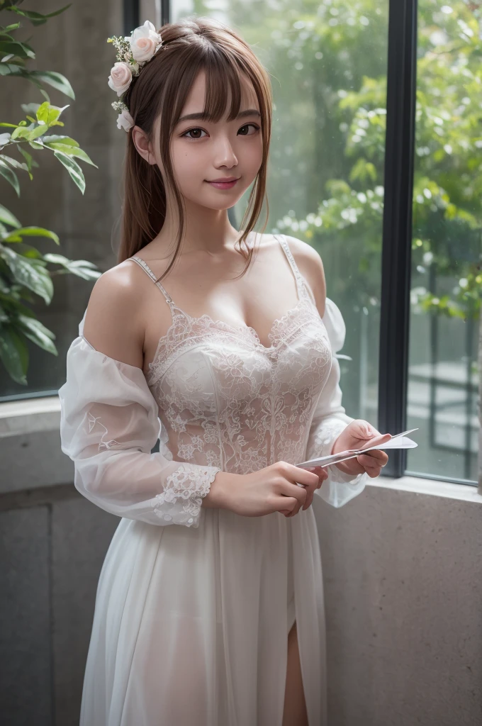 (((Medium hair))), top-quality, 8K, HDR, Hi-Res, a picture, (RAW Photography:1.2), (Photorealsitic:1.4), (masterpiece:1.3), (intricate detailes:1.2), 1girl in, japanes, Delicate and beautiful details, (A detailed eye), (detailed facial features), 小柄, ((爆乳))), tonned skin, (looking_at_viewer), from_front, (skiny), (top-quality:1.4), (超A high resolution:1.2), cinematric light, (Extreme detailed illustration), (lipgloss、top-quality、超A high resolution、depth of fields、Caustics、Broadlighting、Natural Shading、85mm、f / 1.4、ISO 200、1 / 160 seconds:0.75)、((Wedding outfits with an open chest that shows off your bust)))a smile、校服、a necklace、in poolside:1.3、乃木坂アイドル、hposing Gravure Idol、Beautie