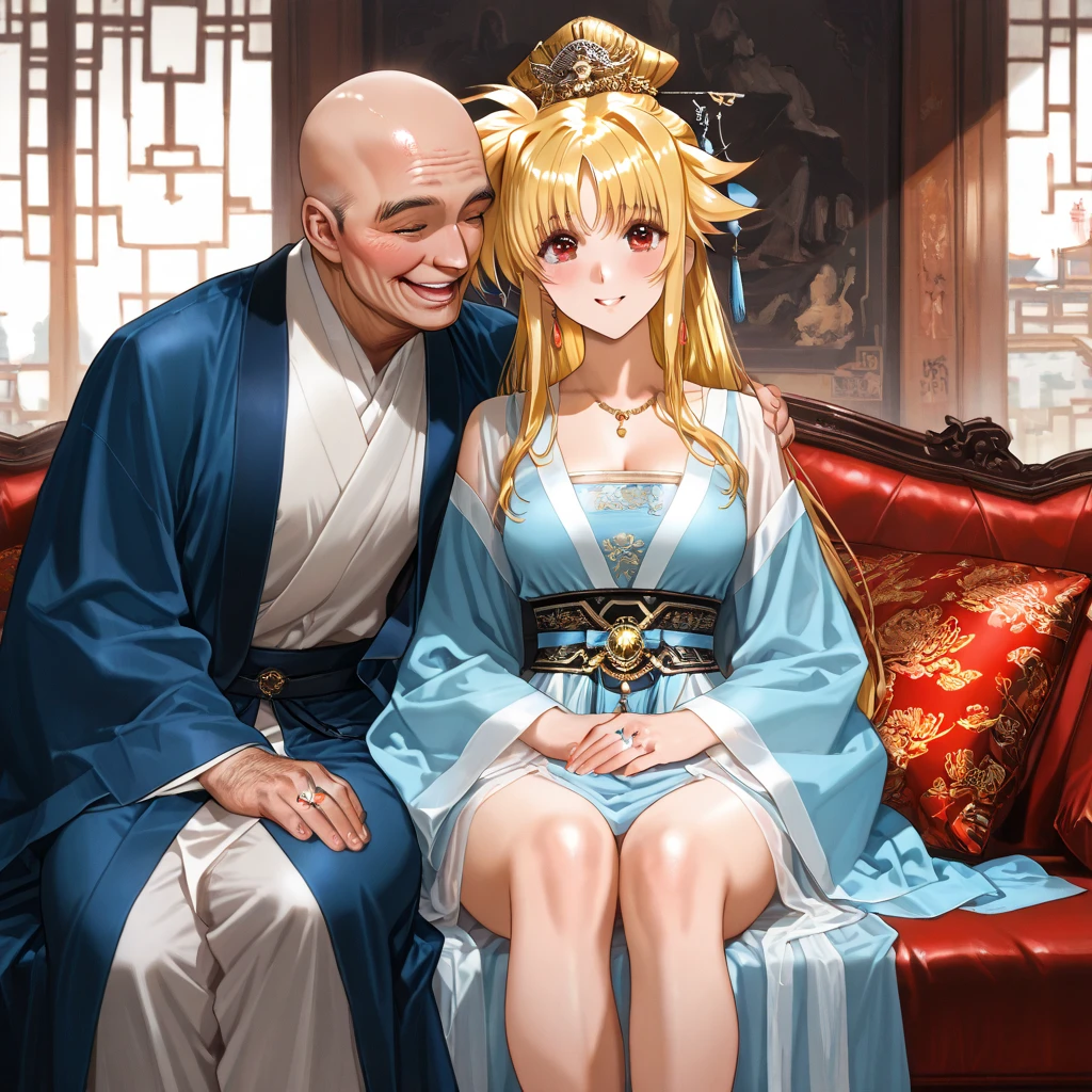 ((Highest quality)), ((masterpiece)), (detailed), (Perfect Face)、The woman is Mongolian Tsukino Usagi, wearing a gorgeous and colorful Mongolian national dress called Dale in a Mongolian mansion, with gorgeous jeweled accessories and an engagement ring. The woman and the man are sitting on a luxurious, large sofa in the luxurious room, and the woman is being held in the arms of a dignified, bearded, middle-aged Mongolian man wearing a Mongolian national dress.、The woman is the elegant Tsukino Usagi, with her long blonde hair in a chignon twin tail, and wearing the colorful Mongolian national costume, the Mongolian Tsukino Usagi.、The man is a dignified, sturdy, bearded Mongolian man wearing Mongolian national dress.、The woman is holding her baby daughter