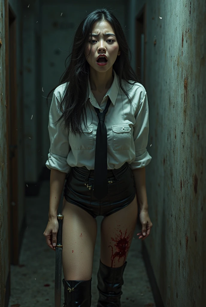 k hd,Kizi,Bloody face,bloodstained clothes,wounded,zombie,nurse's outfit,an empty hallway,hospitals,bite mark,Scratched clothes,Damaged clothes,messy hair,Bare legged,Open-mouthed