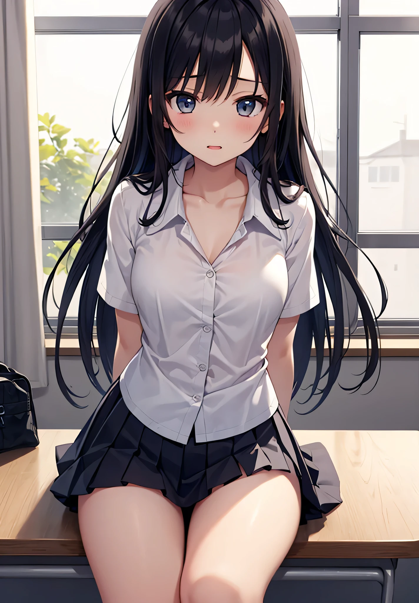 horny middle school girls 、Beautiful Black Haired Girl、long hair around the chest、Wide-open eyes、Short-sleeved uniform、white collared blouse、Collarbone in full view、Fuckless、pleated skirt、 horny thighs、 black socks、Kamigami、Hide your arms behind your back 、classroom