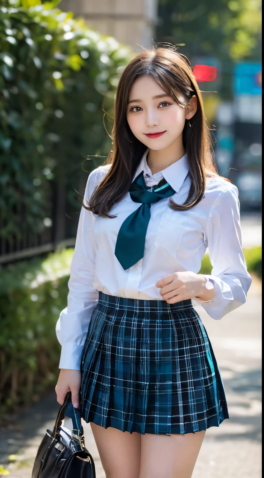 top quality、8k、best image quality、Award-Winning Works), Radiant Beautiful Skin , masterpiece、top quality、ultra-high-definition that spreads all over the body、depth of writing、lens flare ,、brown hair, big breasts, stand,full body, are staring at the viewer's gaze, big breasts , perfect leg, model pose, smile , Chest, stand,full body,Long sleeve uniform
( school uniform, , Teal Micro Mini Pleated Tartan Skirt:1.3)