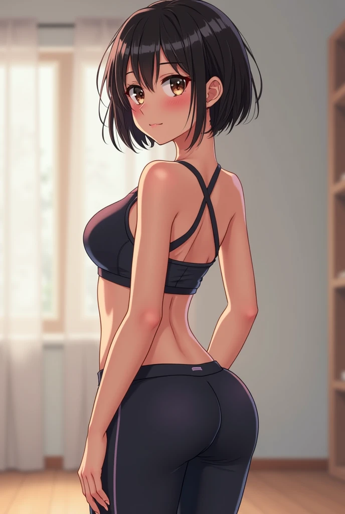 best quality, 1girl, masterpiece ultra detailed, illustration, glossy lips, indoors, standing, (hot short shorts, micro_shorts, thong bikini top), light smile, looking back at viewer
