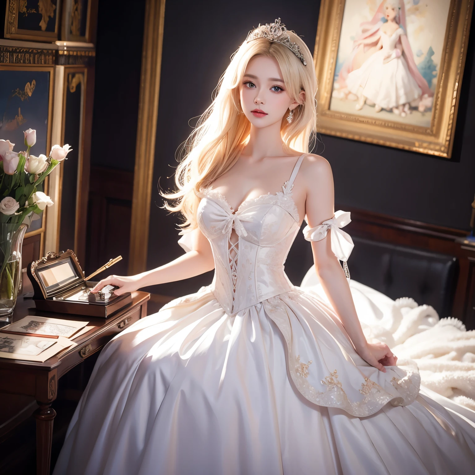 masutepiece、Masterpiece、ultra-definition、accurate depiction、extremely high detail、8K picture quality、one girls、(18 year old pretty woman、18year old)、small head、Cute face、a blond、half up、Blue eyes、perfect glossy skin、((tre anatomically correct))、Perfect body:1.1、high-level image quality、masterpiece、Look at viewers、(White princess dress、Golden floral embroidery)、sexypose、the royal palace、Enveloping her presence with delicate particles、Soft light、divine atmosphere、Photoreal Stick