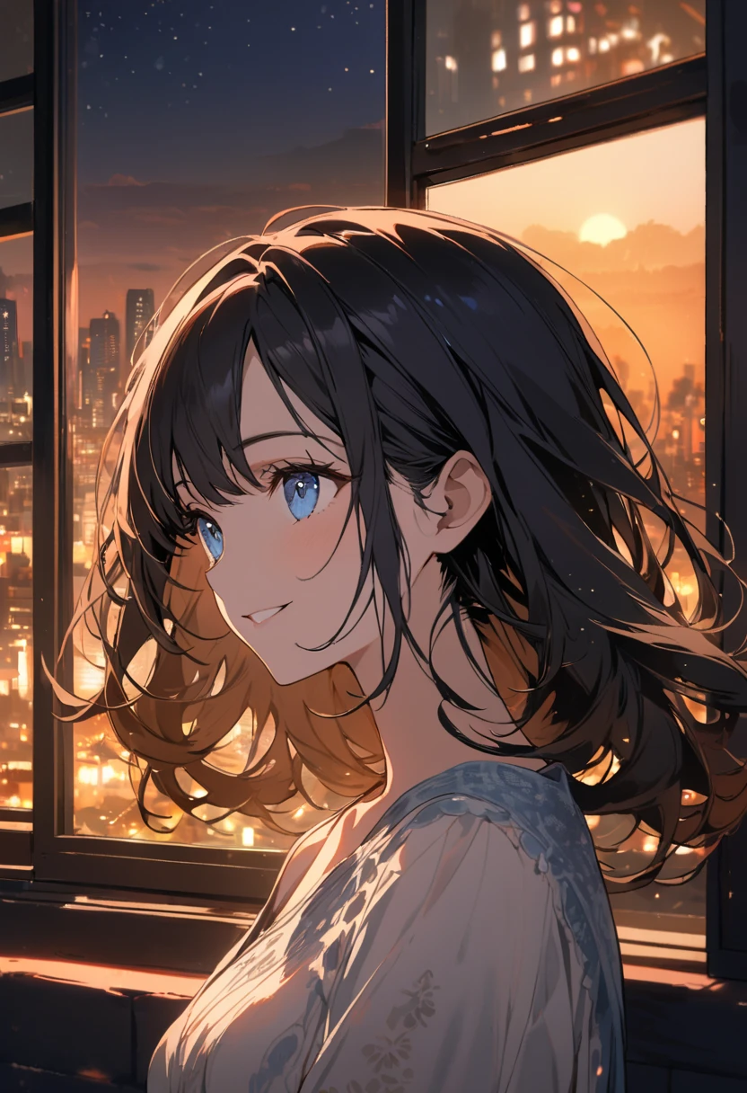 A girl, sad expression, looking at the window, leaning against the window, black long hair, night lonely vibe.